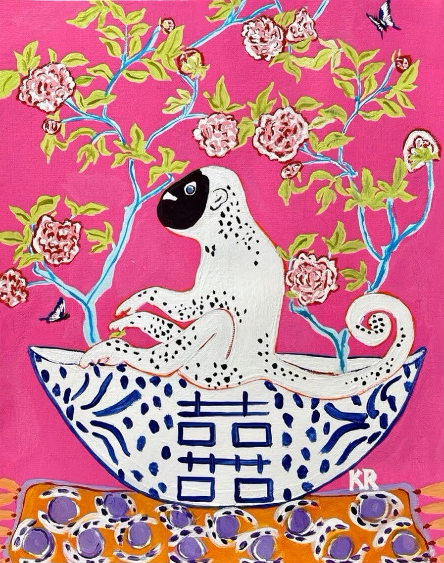 Chinoiserie Pink, Black, and White Ginger Jar Monkey Art Print