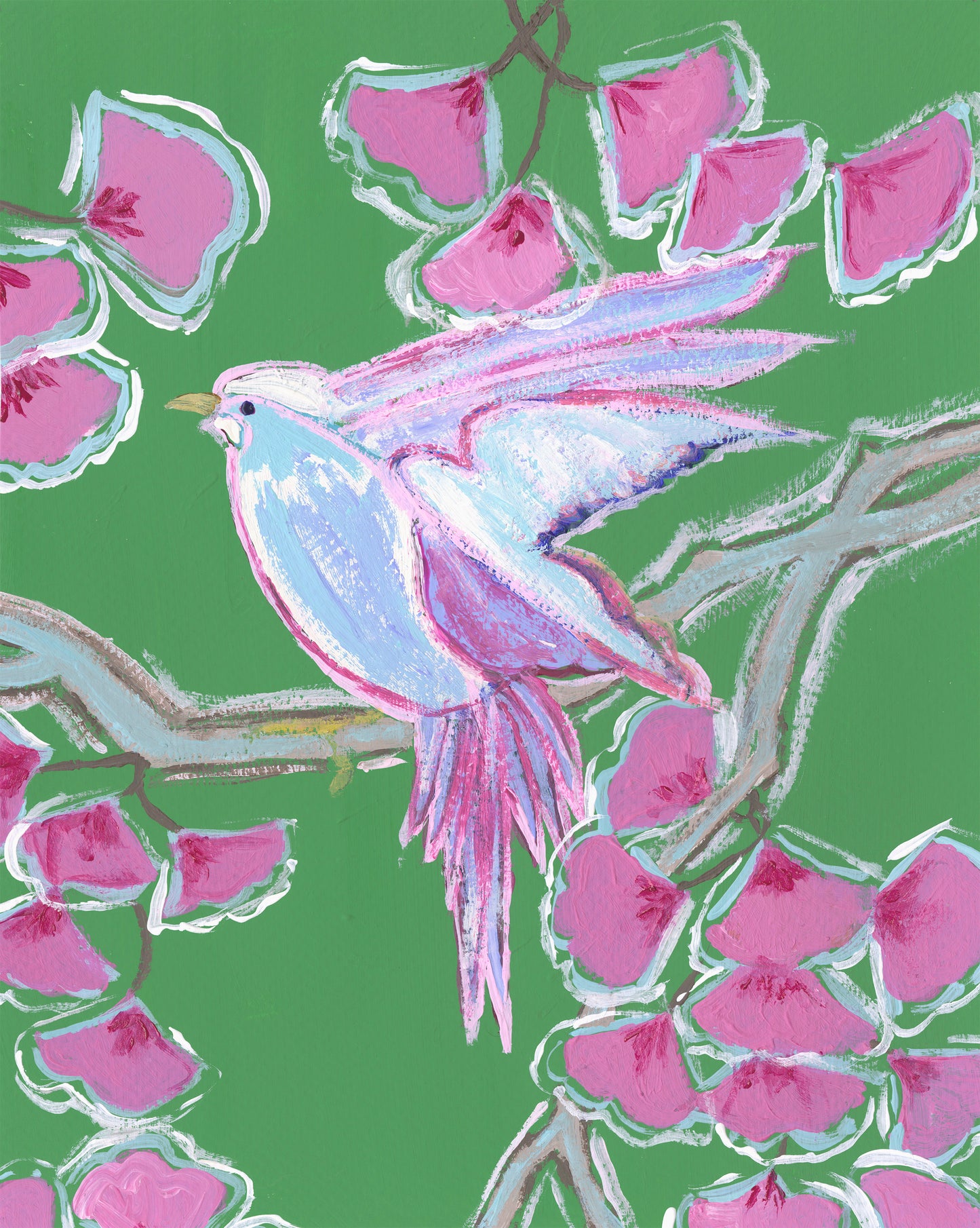 Chinoiserie Green and Pink Bird Print