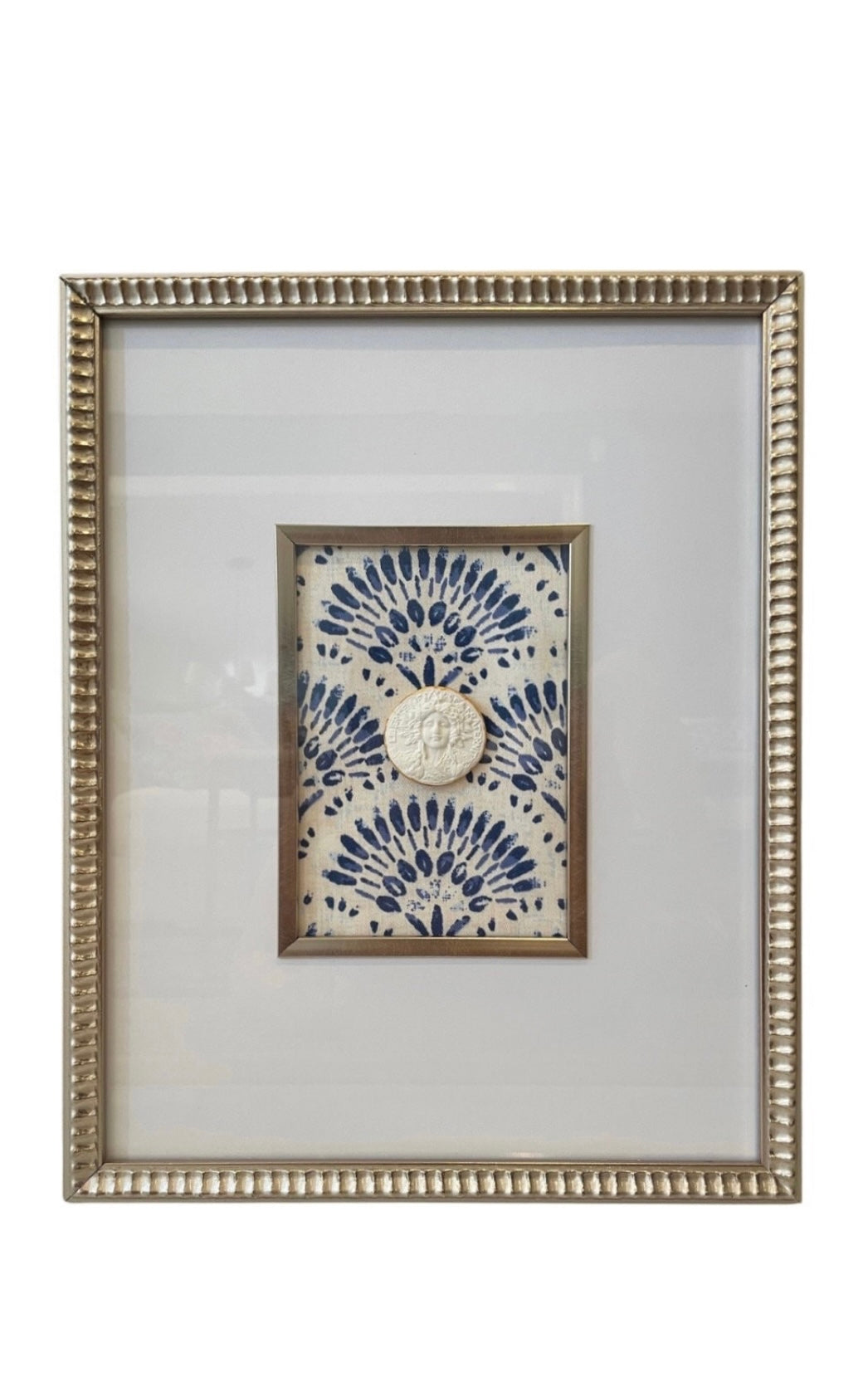 Scalloped Frame Intaglio with Blue and White Designer Fabric Background