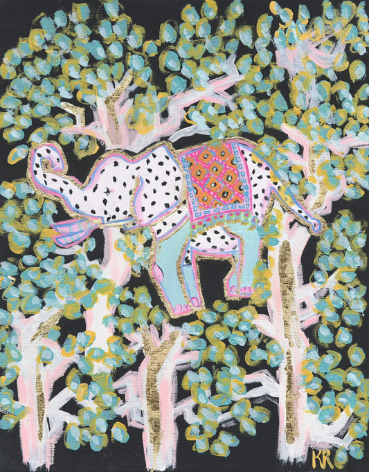 Chinoiserie Oriental Elephant in Garden Black and Blue Art Print
